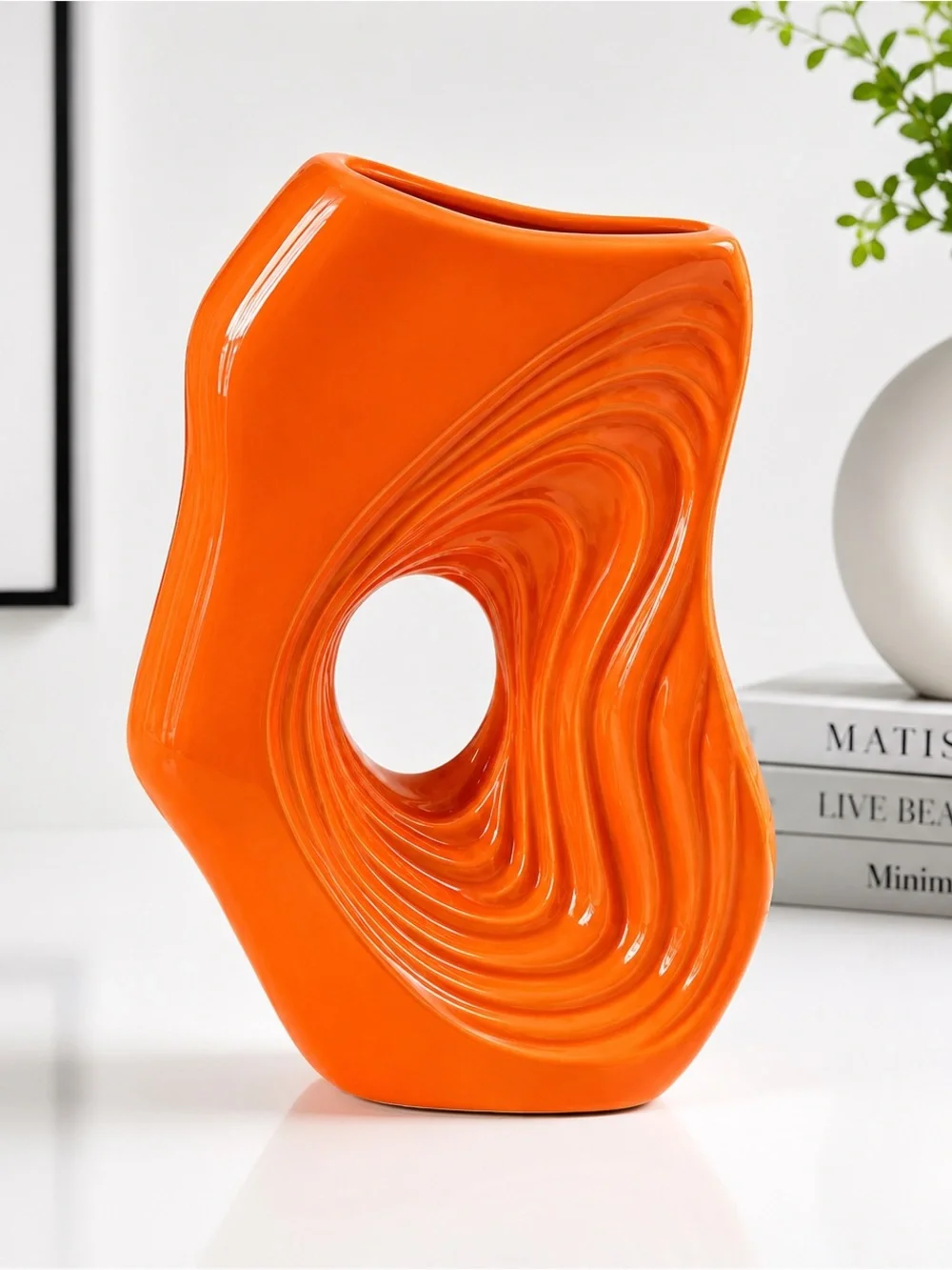 Modern  Orange Abstract Ceramic Donut Vase - Sculptural Art Decor Glossy 10 in